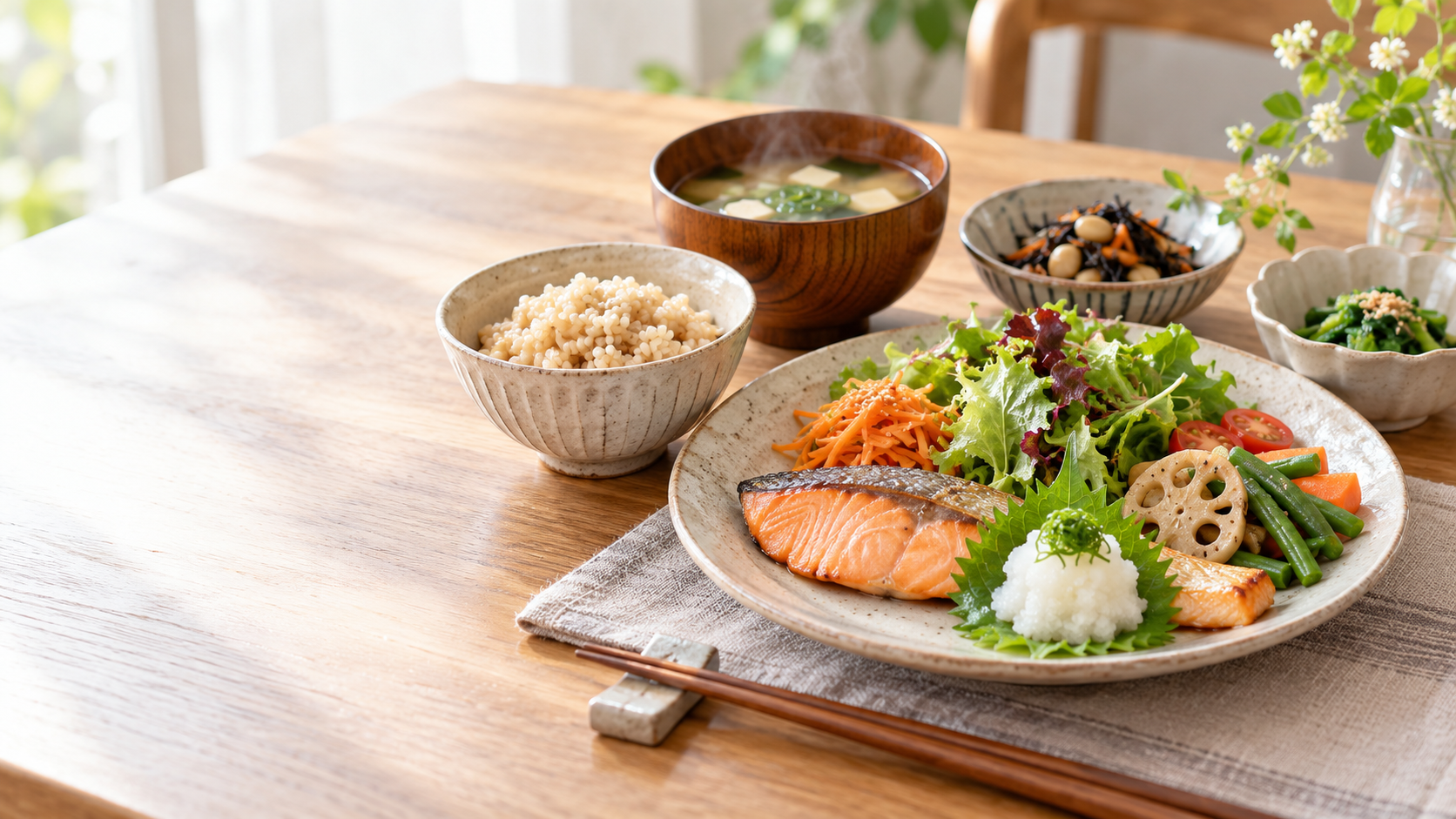 鮭や野菜を使った栄養バランスのよい和食